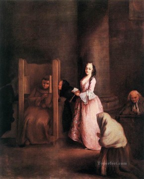 Pietro Longhi Painting - The Confession life scenes Pietro Longhi